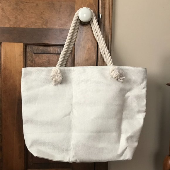 NWOT Pink Flamingos on Pearl and Gray Tote Bag w/Thick Rope Double Handles - Picture 5 of 10